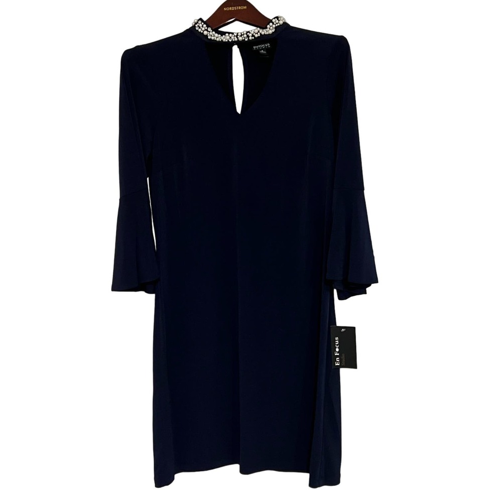 Enfocus Studio Blue Sheath Midi Dress with Bell Sleeves